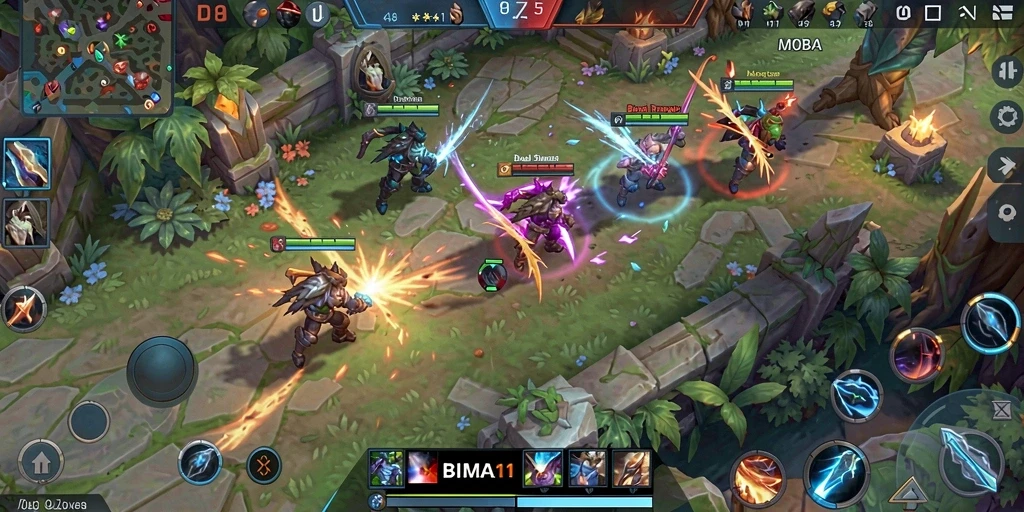 Screenshot gameplay BIMA11 dengan karakter beraksi di medan perang.