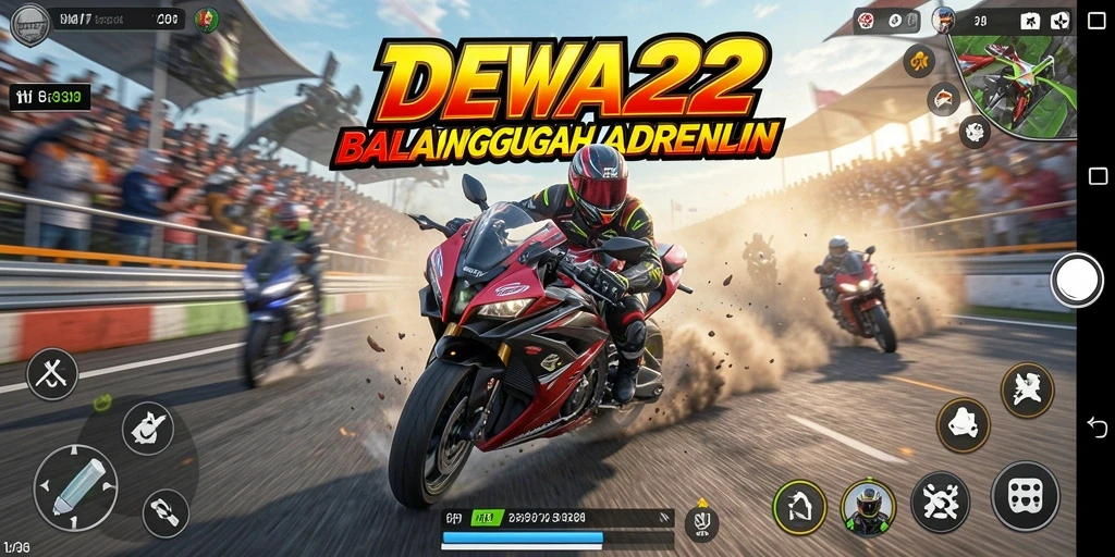 Screenshot tampilan gameplay balapan motor DEWA22 yang mendebarkan.