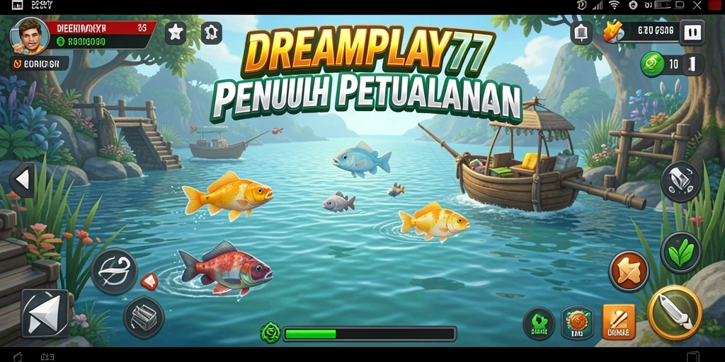 Tampilan gameplay <strong>DREAMPLAY77</strong> saat menangkap ikan di danau yang indah.