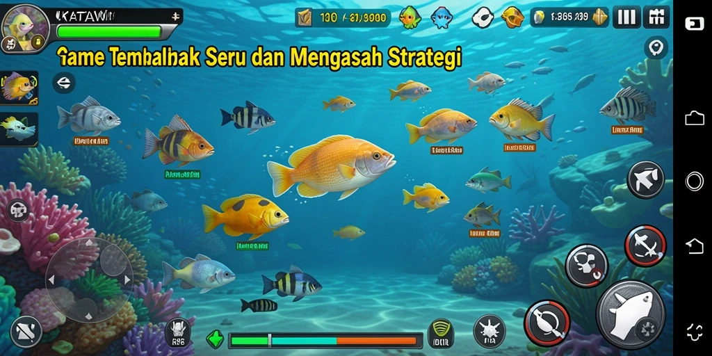 Screenshot KATAWIN menampilkan aksi seru menembak ikan di lautan.