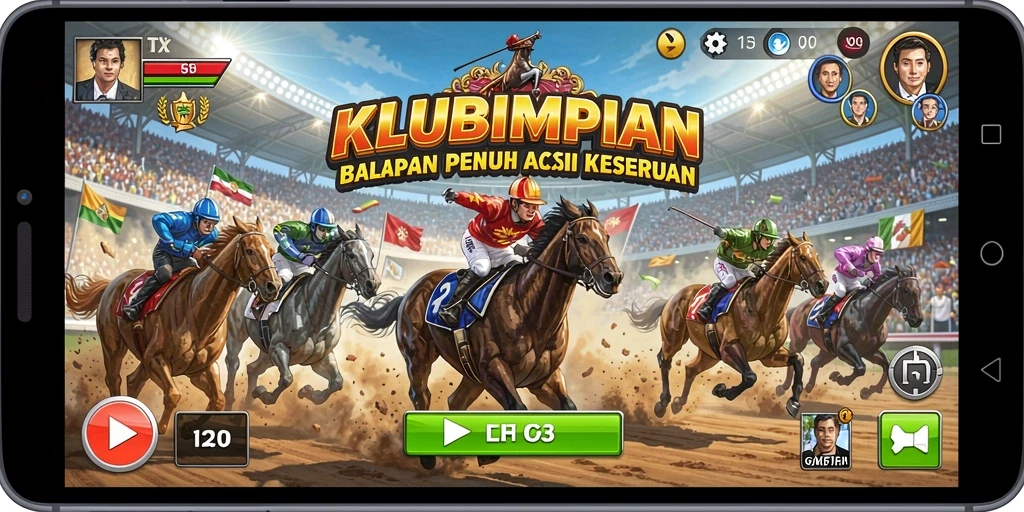 Gameplay seru di KLUBIMPIAN dengan mobil balap yang melaju cepat.