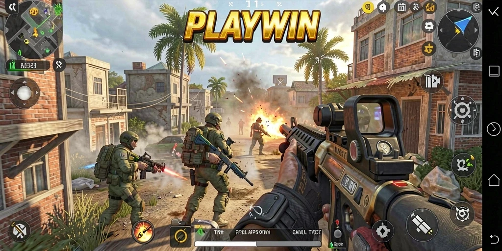 Gameplay intens dalam <strong>PLAYWIN</strong> dengan aksi tembak-menembak yang seru.